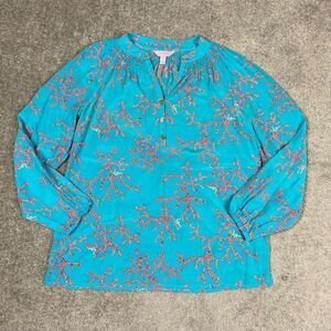 Lilly Pulitzer Women’s Small Elsa Top Blouse 100% Silk Coral Me Crazy Turquoise